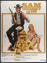 3w897 SAM WHISKEY French 1p 1971 Allison art of Burt Reynolds & Angie Dickinson by pile of gold!