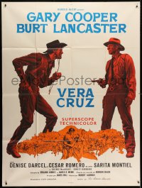 3w965 VERA CRUZ French 1p R1960s full-length art of cowboys Gary Cooper & Burt Lancaster, Aldrich!