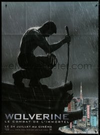 3w985 WOLVERINE teaser French 1p 2013 Hugh Jackman as Logan kneeling on rooftop in the rain!