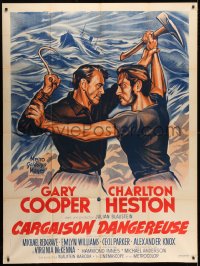 3w987 WRECK OF THE MARY DEARE French 1p R1960s art of Gary Cooper & Charlton Heston, rare!