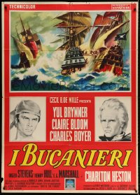 3w235 BUCCANEER Italian 1p 1960 different art of Yul Brynner & Charlton Heston with ships, rare!