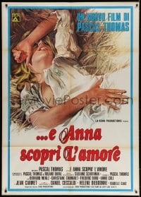3w266 DON'T CRY WITH YOUR MOUTH FULL Italian 1p 1975 different art of blonde laying in hay!