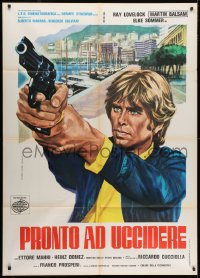 3w344 MEET HIM & DIE Italian 1p 1976 Piovano art of Ray Lovelock pointing gun by boat docks, rare!