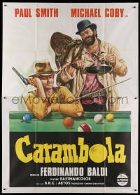 3w109 CARAMBOLA Italian 2p 1974 wonderful spaghetti western art of cowboys sitting at pool table!