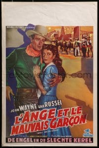 3y291 ANGEL & THE BADMAN Belgian 1950 different art of cowboy John Wayne protecting Gail Russell!