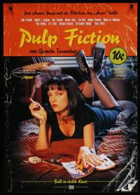 3y081 PULP FICTION advance German 1994 Quentin Tarantino, Uma Thurman smoking Lucky Strikes in bed!