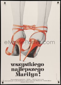 3y368 BOLDOG SZULETESNAPOT, MARILYN Polish 27x38 1981 Ekier artwork of tied-together shoes!