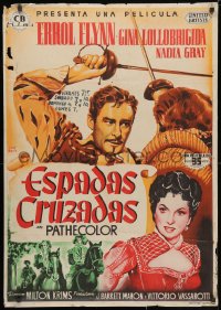 3y665 CROSSED SWORDS Spanish 1955 Maria art of Flynn & Gina Lollobrigida, Italy's Marilyn Monroe!