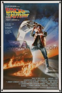 3z531 BACK TO THE FUTURE studio style 1sh 1985 art of Michael J. Fox & Delorean by Drew Struzan!