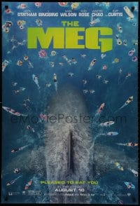 3z791 MEG teaser DS 1sh 2018 image of giant megalodon and terrified swimmers, pleased to eat you!