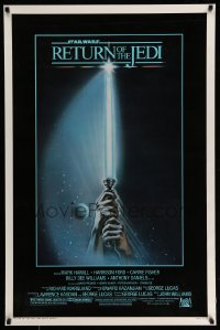3z874 RETURN OF THE JEDI 1sh 1983 George Lucas, art of hands holding lightsaber by Tim Reamer!