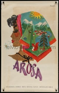 3z108 AROSA 25x40 Swiss travel poster 1960s art of a girl with landscape by Donald Brun!