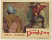 4a201 ADVENTURES OF DON JUAN LC #6 1949 great close up of Errol Flynn duelling with guard!