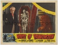4a524 HOUSE OF FRANKENSTEIN LC #8 R1950 Boris Karloff & J. Carroll Naish by skeleton in coffin!