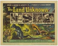 4a061 LAND UNKNOWN TC 1957 a paradise of hidden terrors, cool art of dinosaurs by Ken Sawyer!