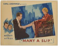4a628 MANY A SLIP LC 1931 close up of Lew Ayres holding beautiful Joan Bennett's bare foot!
