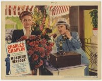 4a649 MONSIEUR VERDOUX LC #3 1947 Charlie Chaplin stares at pretty saleswoman w/ roses!