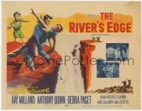 4a137 RIVER'S EDGE TC 1957 art of Ray Milland & Anthony Quinn fighting on cliff, Debra Paget