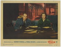 4a988 WRONG MAN LC #8 1957 Henry Fonda & Vera Miles in office, Alfred Hitchcock directed!