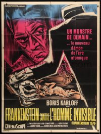 4b844 FRANKENSTEIN 1970 French 1p R1960s great art of Boris Karloff & monster hand attacking girl!