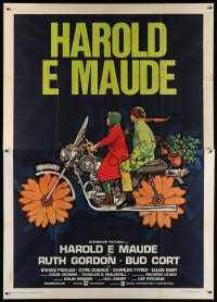 4b317 HAROLD & MAUDE Italian 2p 1974 great art of Ruth Gordon & Bud Cort on flower motorcycle!