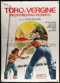 4b334 MARK Italian 2p 1977 Morini art of sexy near-naked couple & violent men fighting, Greek!