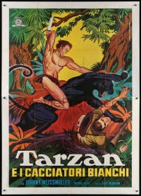4b358 TARZAN & THE HUNTRESS Italian 2p R1960s different Piovano art of Weissmuller slaying panther!