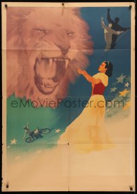 4b089 UNKNOWN RUSSIAN POSTER export Russian 33x47 1950s art of roaring lion, motorcycle & tightrope!