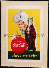 4b168 COCA-COLA linen 9x14 German advertising poster 1960s art of child w/bottle cap hat by Coke!