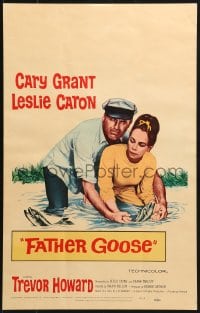 4b459 FATHER GOOSE WC 1965 sea captain Cary Grant & pretty Leslie Caron grabbing fish with hands!