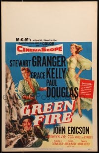 4b484 GREEN FIRE WC 1954 art of beautiful full-length Grace Kelly, Stewart Granger, Paul Douglas!