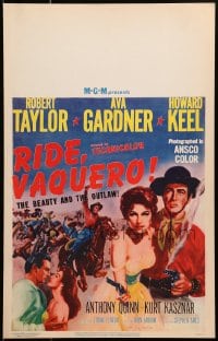 4b622 RIDE, VAQUERO WC 1953 artwork of outlaw Robert Taylor w/smoking gun & beauty Ava Gardner!