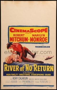 4b623 RIVER OF NO RETURN WC 1954 great artwork of Robert Mitchum holding down sexy Marilyn Monroe!