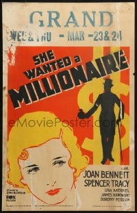 4b636 SHE WANTED A MILLIONAIRE WC 1931 great deco close up art of sad Joan Bennett, Spencer Tracy