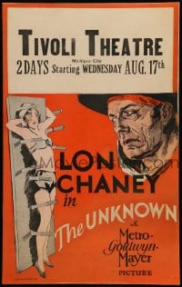 4b681 UNKNOWN WC 1927 great art of knife thrower Lon Chaney with sexy assistant Joan Crawford!