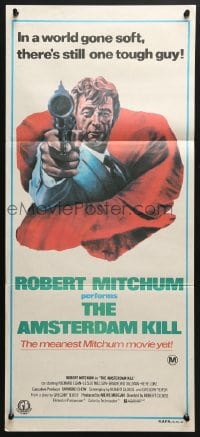 4c323 AMSTERDAM KILL Aust daybill 1978 artwork of tough guy Robert Mitchum pointing revolver!