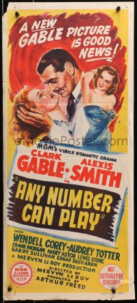 4c330 ANY NUMBER CAN PLAY Aust daybill 1950 gambler Clark Gable, Alexis Smith & Audrey Totter!