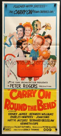4c420 CARRY ON ROUND THE BEND Aust daybill 1971 Sidney James, Kenneth Williams, wacky art!