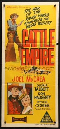 4c426 CATTLE EMPIRE Aust daybill 1958 cool full-length image of cowboy Joel McCrea with gun drawn!