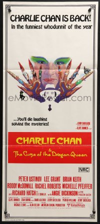 4c431 CHARLIE CHAN & THE CURSE OF THE DRAGON QUEEN Aust daybill 1981 Peter Ustinov, wacky Tanenbaum art!