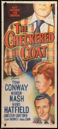 4c432 CHECKERED COAT Aust daybill 1948 Tom Conway, Noreen Nash, art of faceless killer w/ smoking gun!