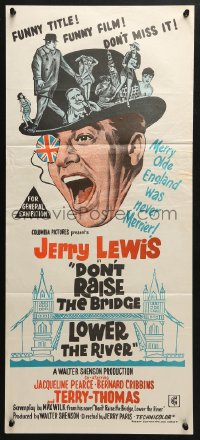 4c478 DON'T RAISE THE BRIDGE, LOWER THE RIVER Aust daybill 1968 wacky art of Jerry Lewis in London!