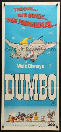 4c487 DUMBO Aust daybill R1972 colorful art from Walt Disney circus elephant classic!
