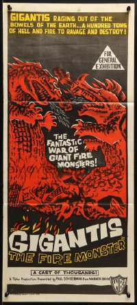 4c559 GIGANTIS THE FIRE MONSTER Aust daybill 1959 cool art of Godzilla breathing flames at Angurus!