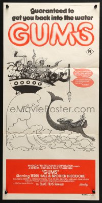 4c579 GUMS Aust daybill 1976 sexy Jaws parody, wacky P.S. Bramley art of mermaid!