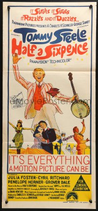 4c580 HALF A SIXPENCE Aust daybill 1967 art of smiling Tommy Steele with banjo, from H.G. Wells novel!