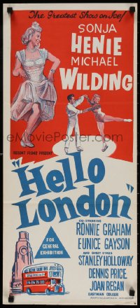 4c597 HELLO LONDON Aust daybill 1958 London Calling, Michael Wilding and Sonja Henie ice skating!