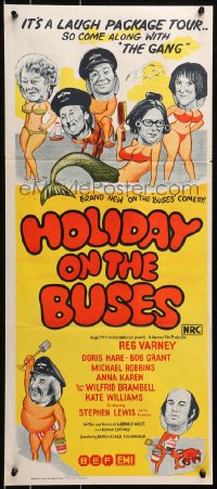 4c604 HOLIDAY ON THE BUSES Aust daybill 1973 English Hammer comedy, wacky artwork of cast!