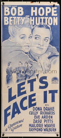 4c673 LET'S FACE IT 2nd printing Aust daybill 1943 art of Bob Hope & Betty Hutton, songs by Porter!