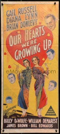 4c769 OUR HEARTS WERE GROWING UP Aust daybill 1946 full-length art of sexy Gail Russell & Diana Lynn!
